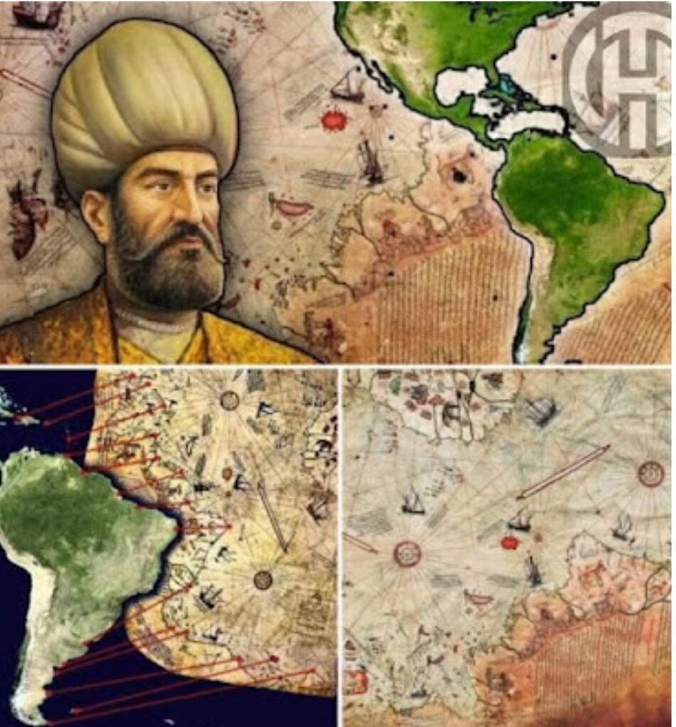 صورة توضح خريطة بيري ريس، مع صورة للبحار العثماني بيري ريس، تظهر فيها سواحل الأمريكتين وبعض الرسوم البحرية.